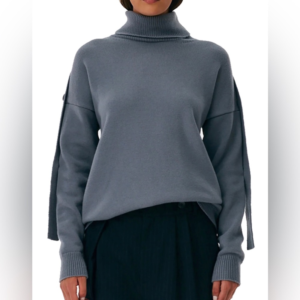 Tibi Airy Extrafine Wool Shoulder Tab Turtleneck Sweater, Sz S, Steel Grey